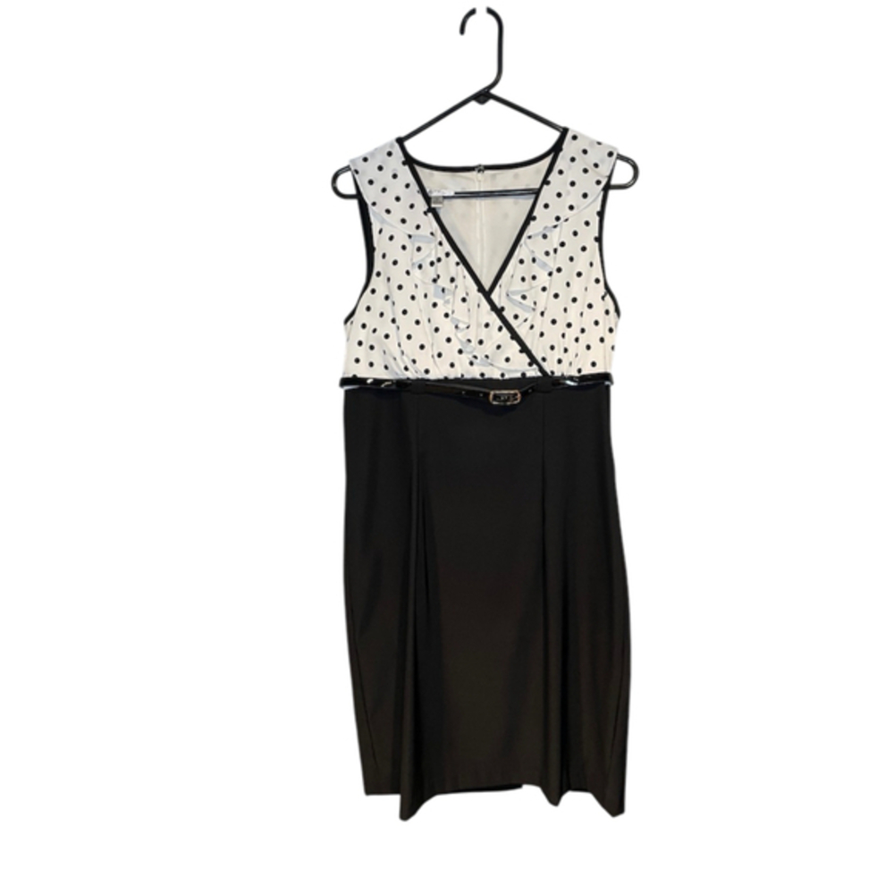 Vintage Polka Dot Belted Dress Mad Men Black White Polyester Size 14
